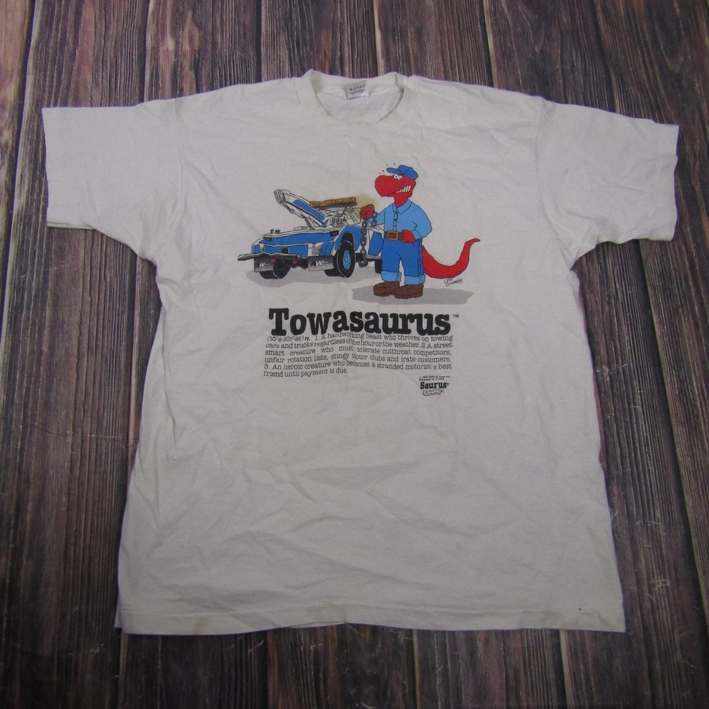 Vintage Fruit Of The Loom Towasaurus Shirt Mens XL White Single Stitch Tee
